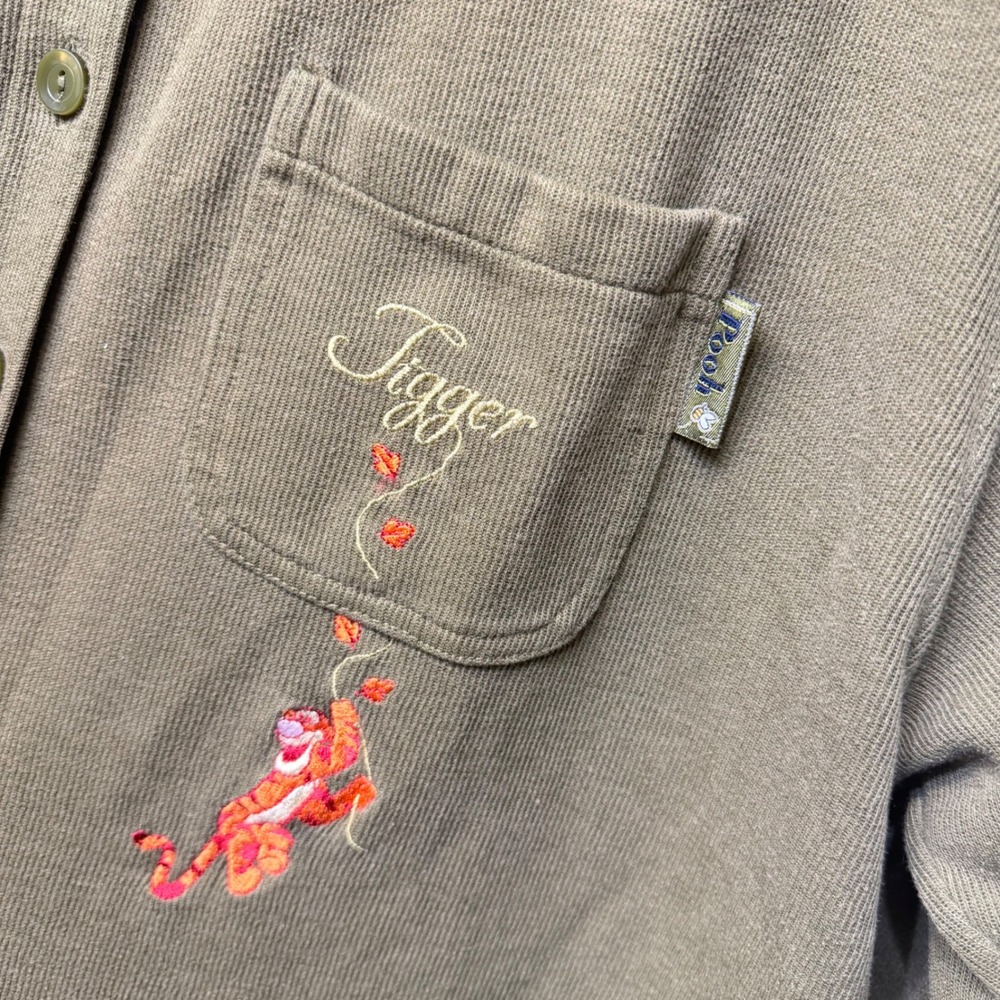Pooh Tigger Embroidered Shirt Womens XL Olive Green Ribbed Button Up Disney - Picture 5 of 6